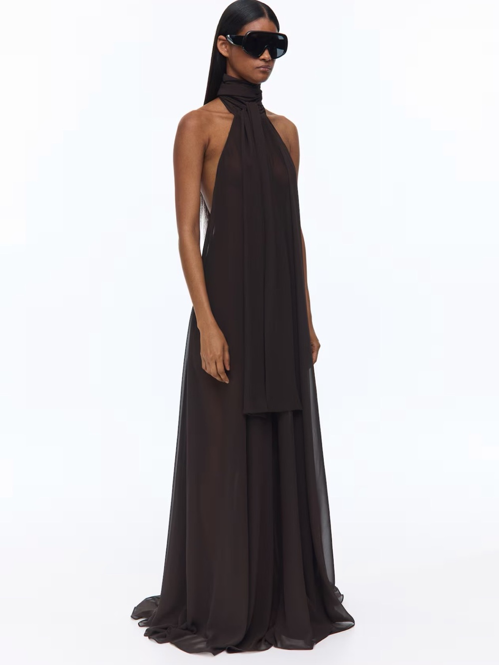 Backless Halter Floor-Length Dress in Dark Brown